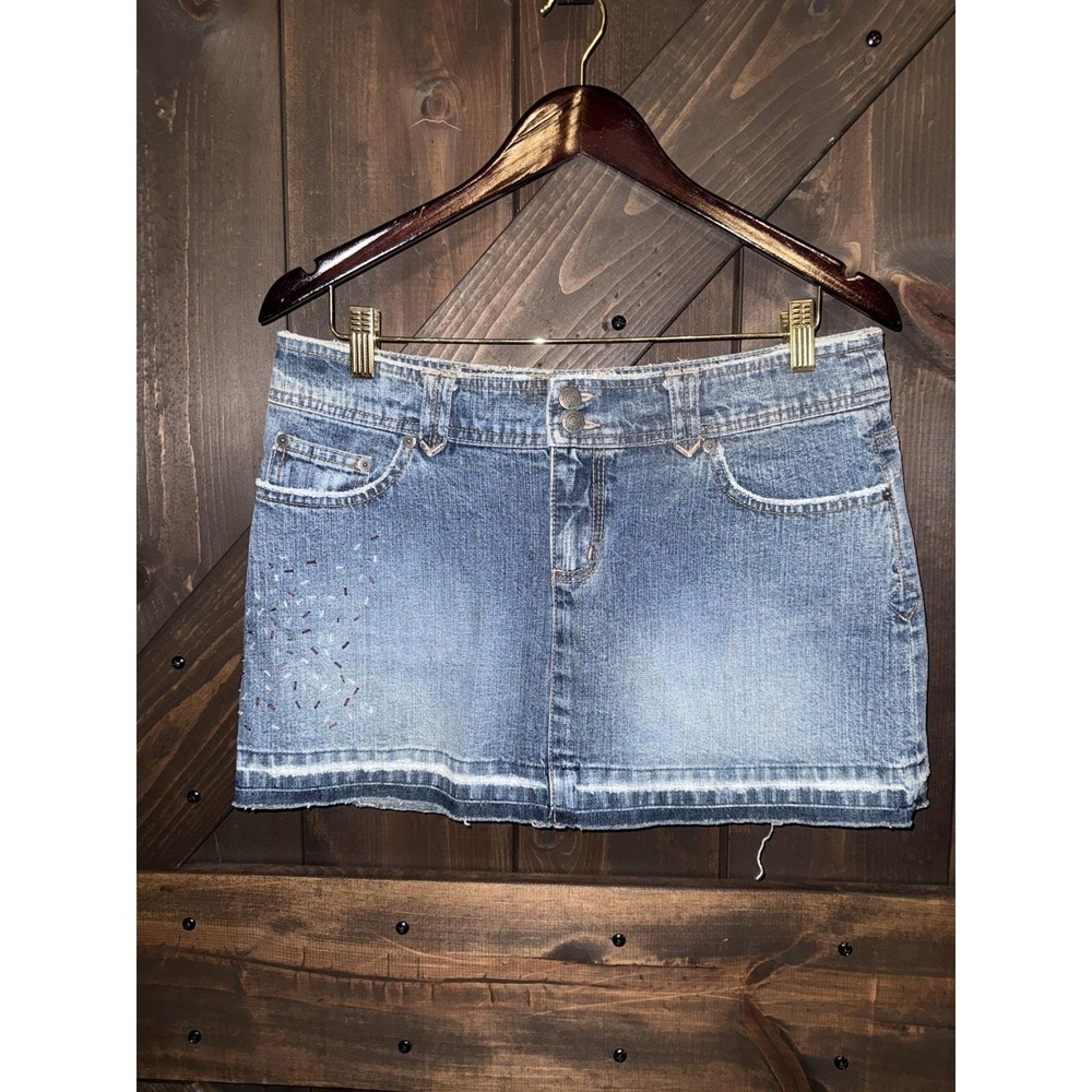 Vintage Y2K 2000s SO‎ Denim Skirt Size 11 Light Blue Low Rise Mini Beads Beaded